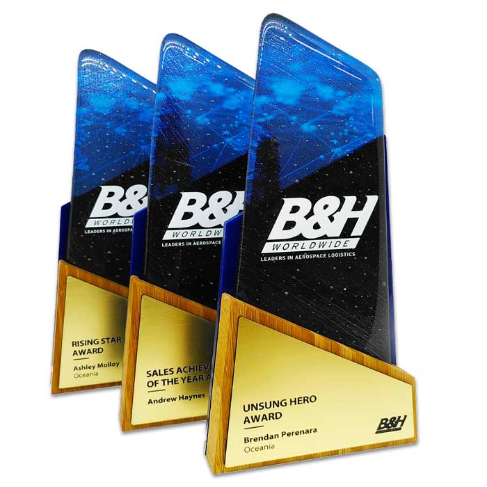 Sustainable glass Aswen awards with gold plaque detail – produced for B&H Worldwide – in stock and ready to order