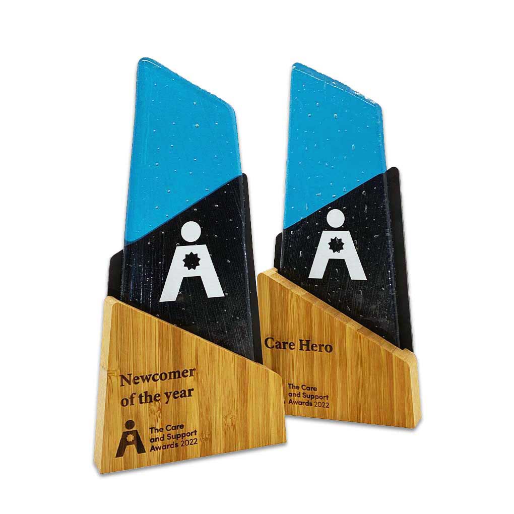 swen award in blue recycled glass with bamboo base – perfect corporate award – in stock and ready to order