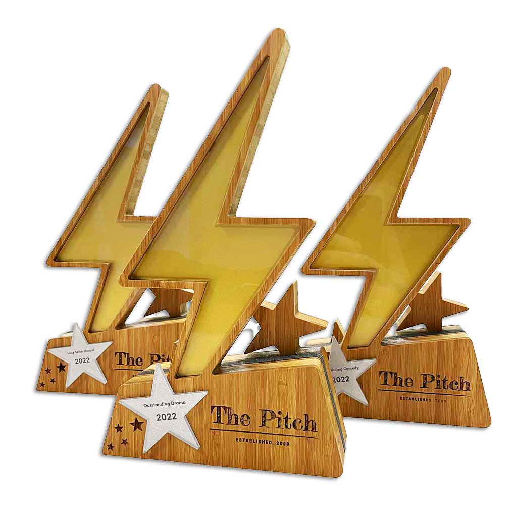 Hykka lightning bolt-shaped award made from sustainable bamboo – in stock and ready to order