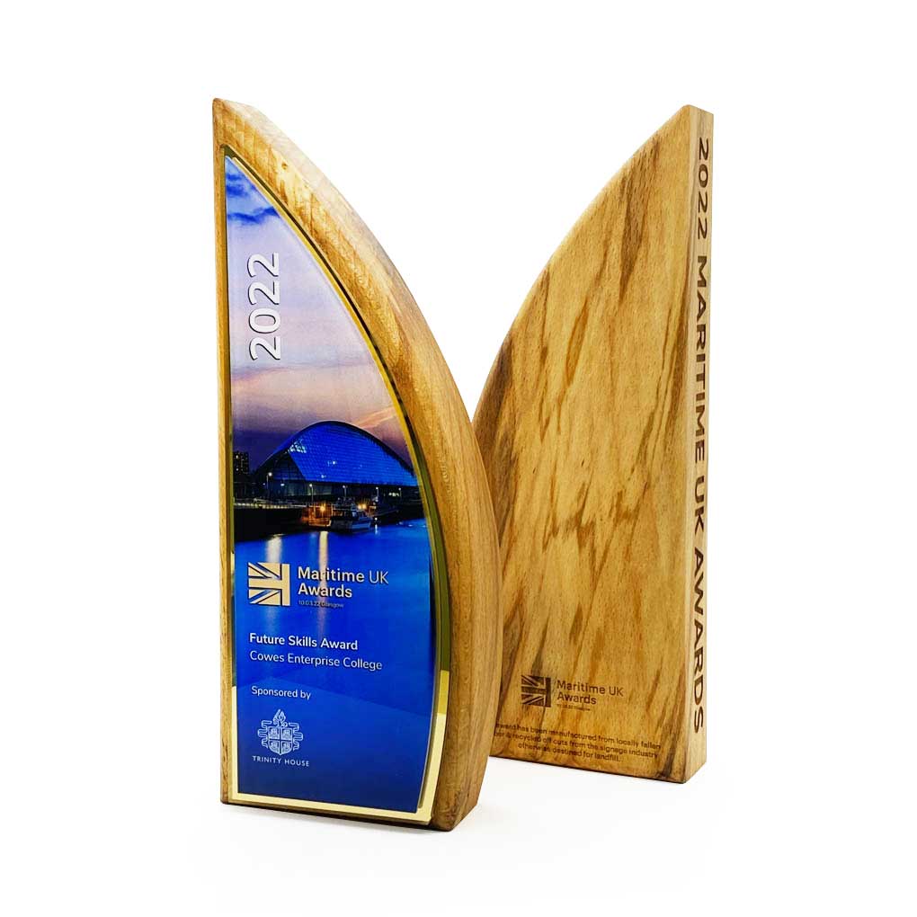 Elowen award in sail shape made from reclaimed timber with gold detail – in stock and ready to order