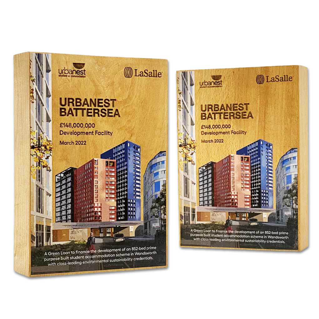 Customisable Eseld awards made from fallen tree timber – sustainable corporate awards for Battersea – in stock and ready to order