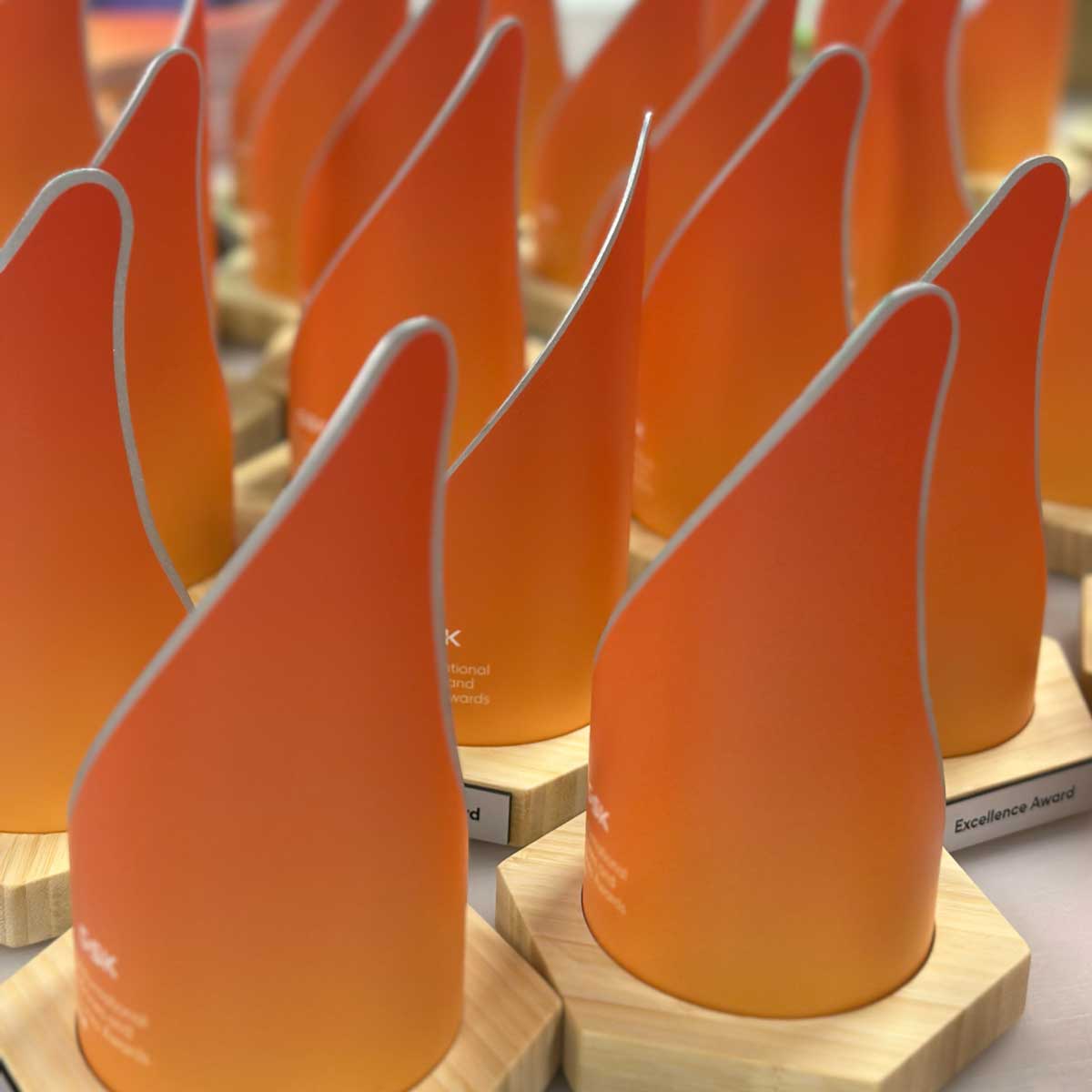 GSK pharmaceutical award with curved aluminium arc and orange gradient, mounted on bamboo base – custom healthcare trophy