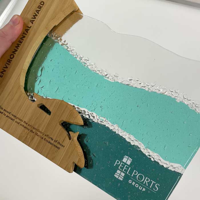 Sustainable teal coloured glass awards with bamboo trophy edge detail | More Awards
