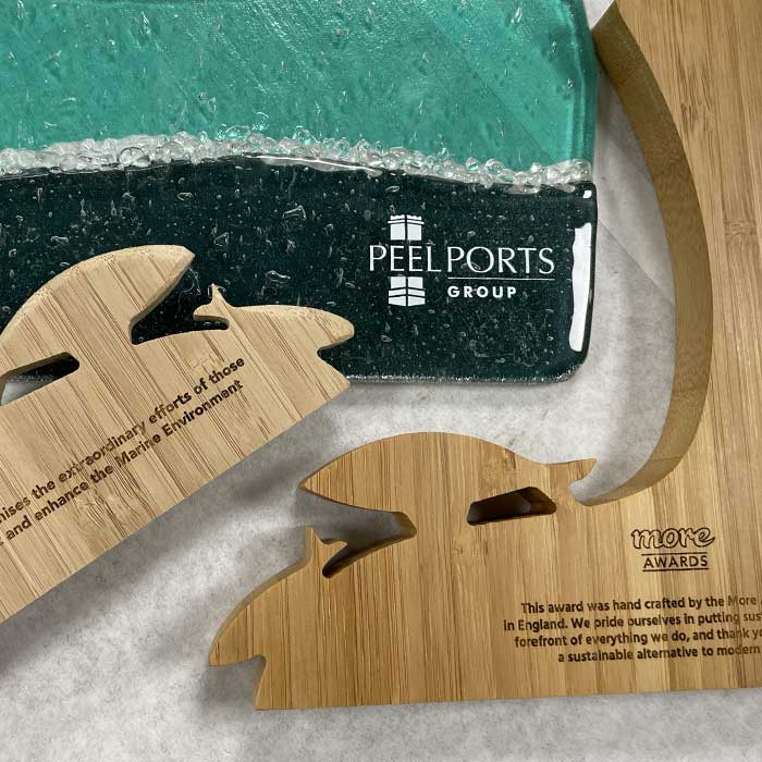 Bamboo shape cut awards iin fish shapes with recycled glass backing | More Awards