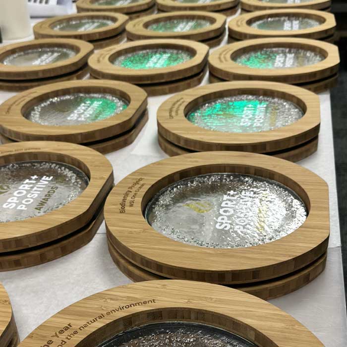 Custom BBC Green Sport Awards with recycled glass and bamboo