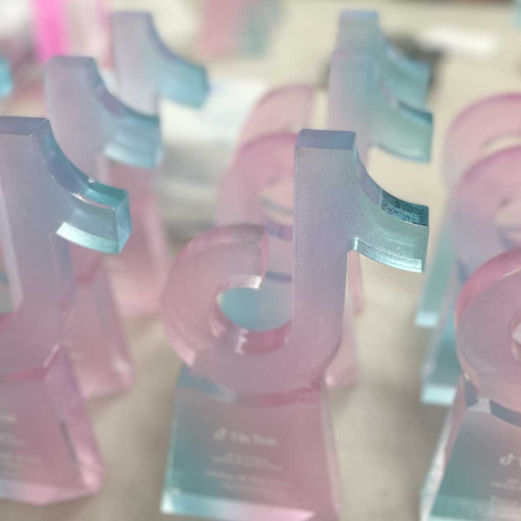 Bespoke awards with trasparent coloured pink and and blue colours | More Awards
