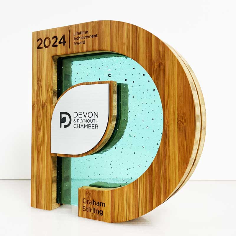 Eco-friendly business award for Devon & Plymouth Chamber – kiln-fired glass trophy with sustainable bamboo frame