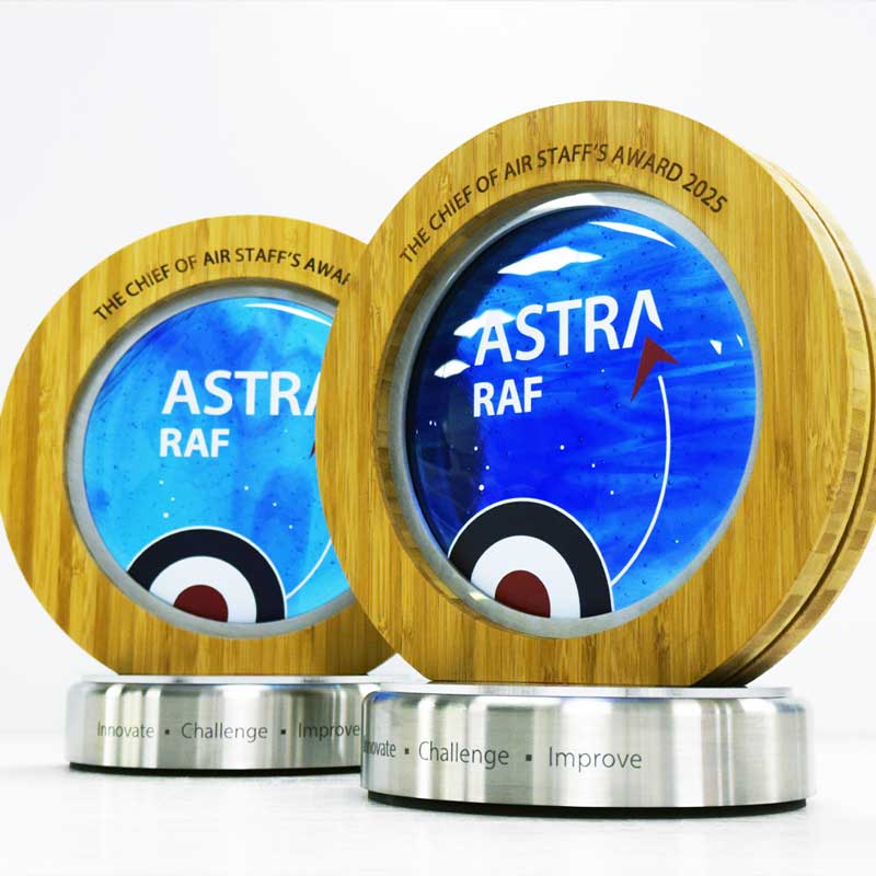 RAF Astra award with deep blue glass, bamboo circular frame and stainless steel base – engraved with leadership values