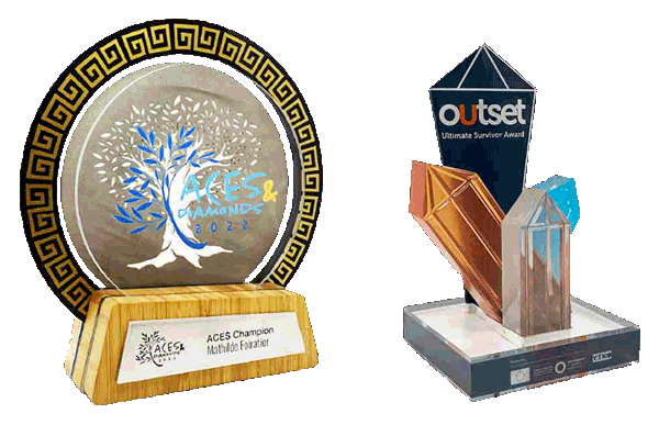 Examples of bespoke awards made from bamboo, glass, timber, and acrylic – crafted by More Awards