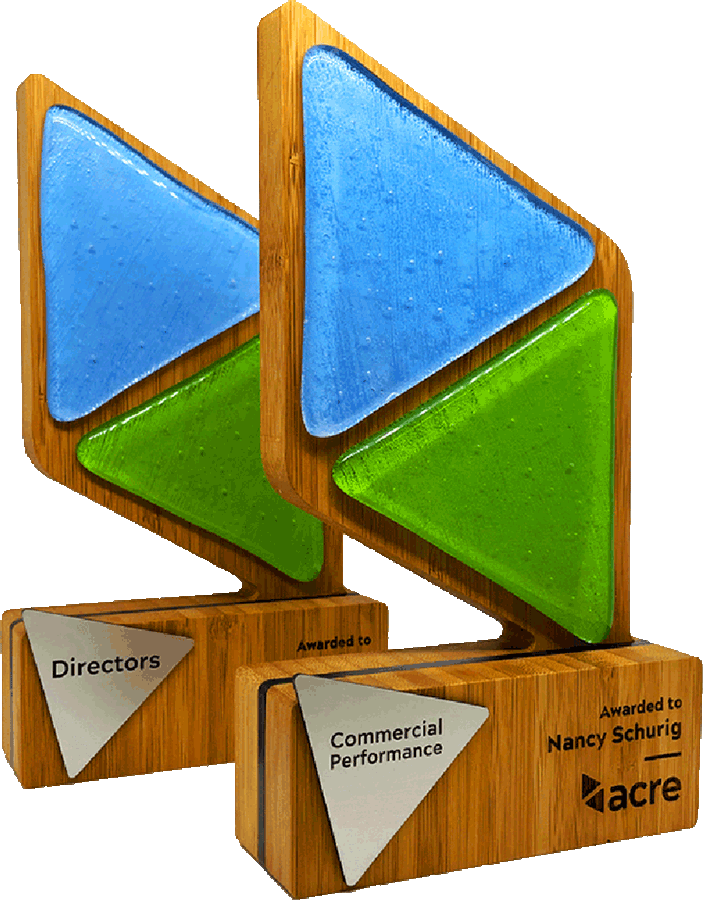 Recycled glass award with bamboo backing and custom name plate by More Awards