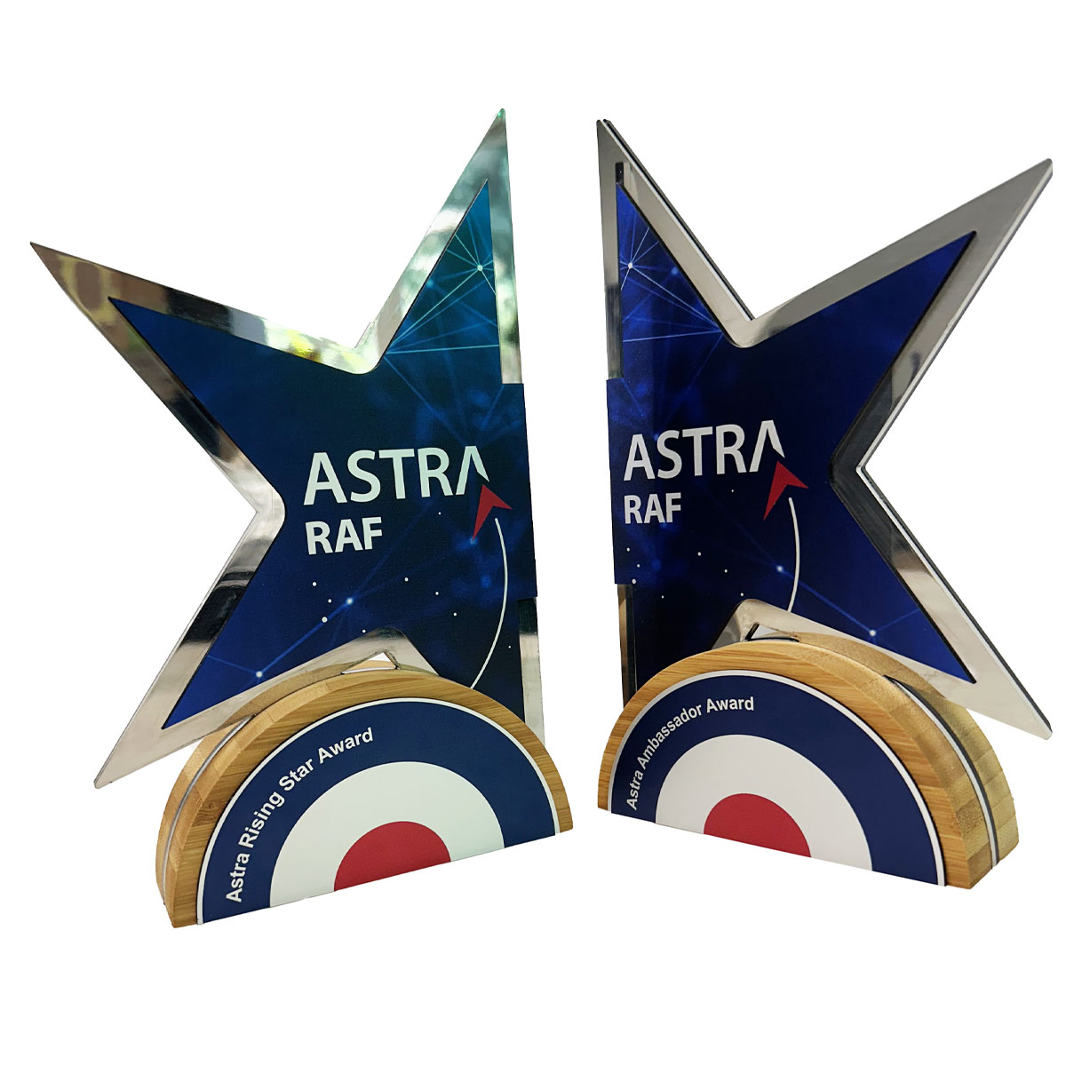 Zero-waste star trophy combining bamboo, recycled acrylic, and eco-friendly lacquer, produced by More Awards for green energy awards or Earth Day presentations