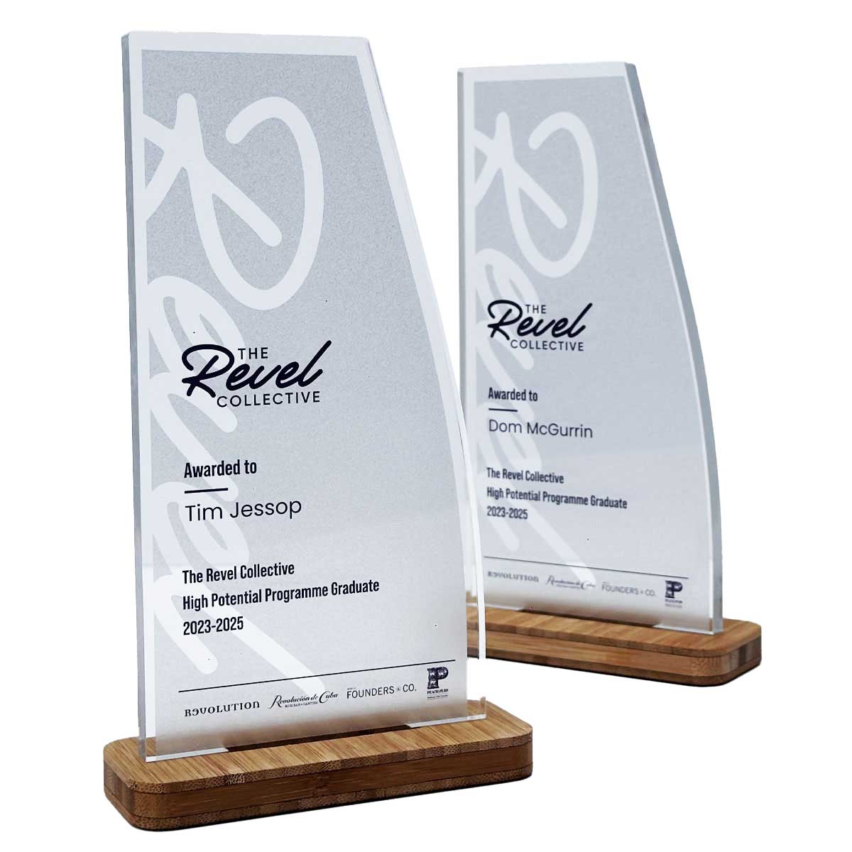 Modern award featuring a bamboo base and clear acrylic faceplate, designed by More Awards to celebrate corporate sustainability and innovation
