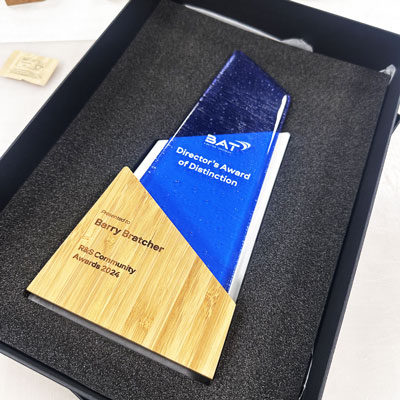 Bespoke sustainable trophy and awards with presentation boxes