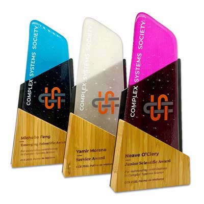 Recycled glass award with bamboo base, handcrafted for sustainable recognition.