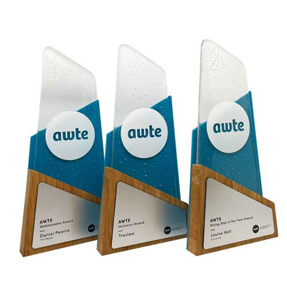 Modern eco award featuring kiln-fired recycled blue glass and warm-toned bamboo for sustainable event | by More Awards