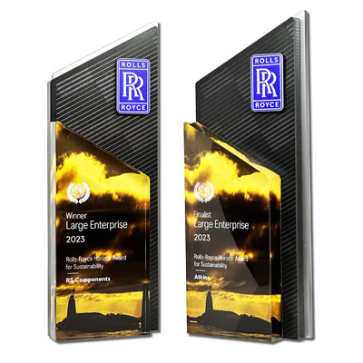 Premium car brand on customisable awards with eco stone finish. Textured branding detail on front face.