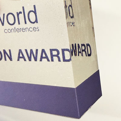 Coloured acrylic trophy with laser-cut edges
