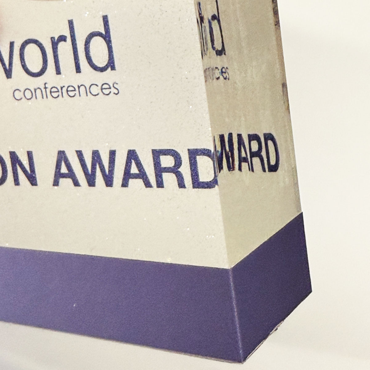 Coloured acrylic trophy with crisp laser-cut detailing, produced by More Awards for bold branding at events and vibrant visual impact