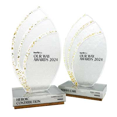 Gilded glass awards with coporate branding by More awards