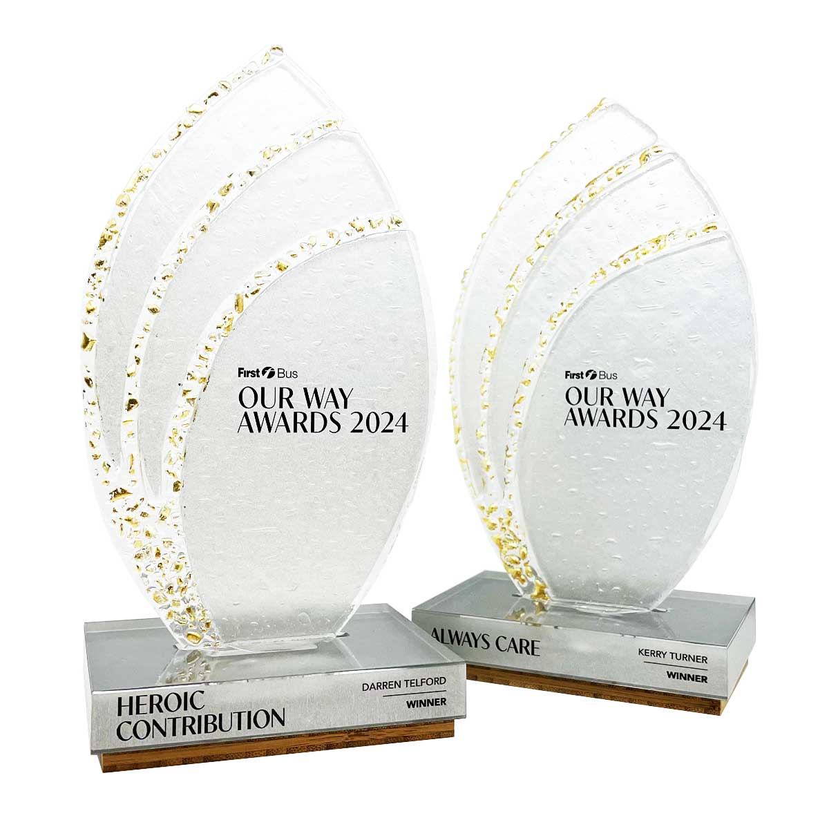 Eco-friendly award featuring kiln-fired glass and a recycled acrylic base, created by More Awards for climate action and sustainability leadership