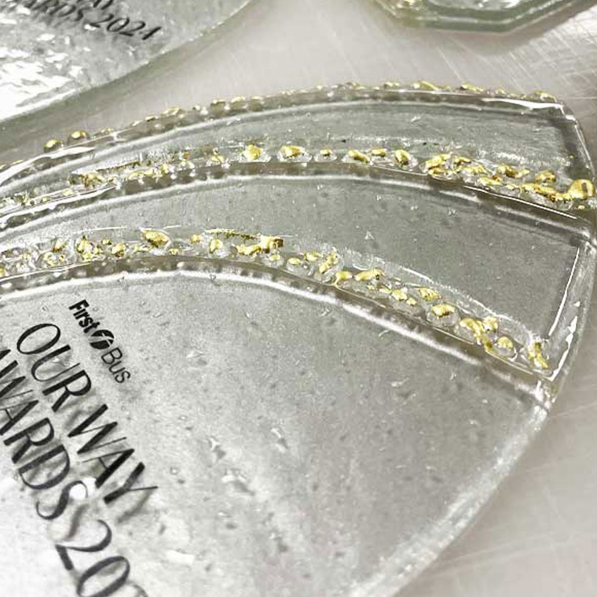 Kiln-fired glass award with gold detial, handcrafted by More Awards for recognising achievements in sustainable business and carbon reduction