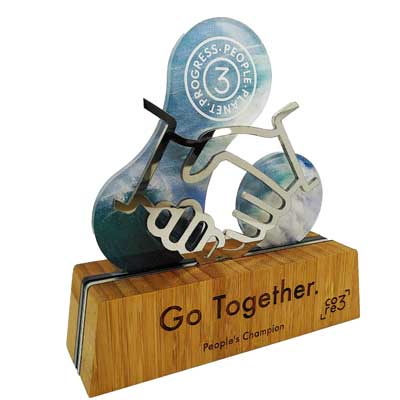 Stainless steel hand shake awards with sustainable bamboo base by More awards