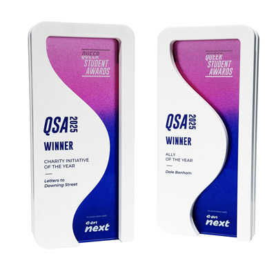 Bright colour branding on modern award shape with a brilliant marble stone white finish by More Awards