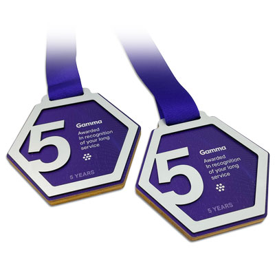 Long service hexagon medals with embossed number produced in a bespoke design with fast delivery