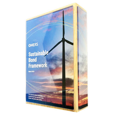Eco wooden block award with engraved design and graphics on all 4 sides