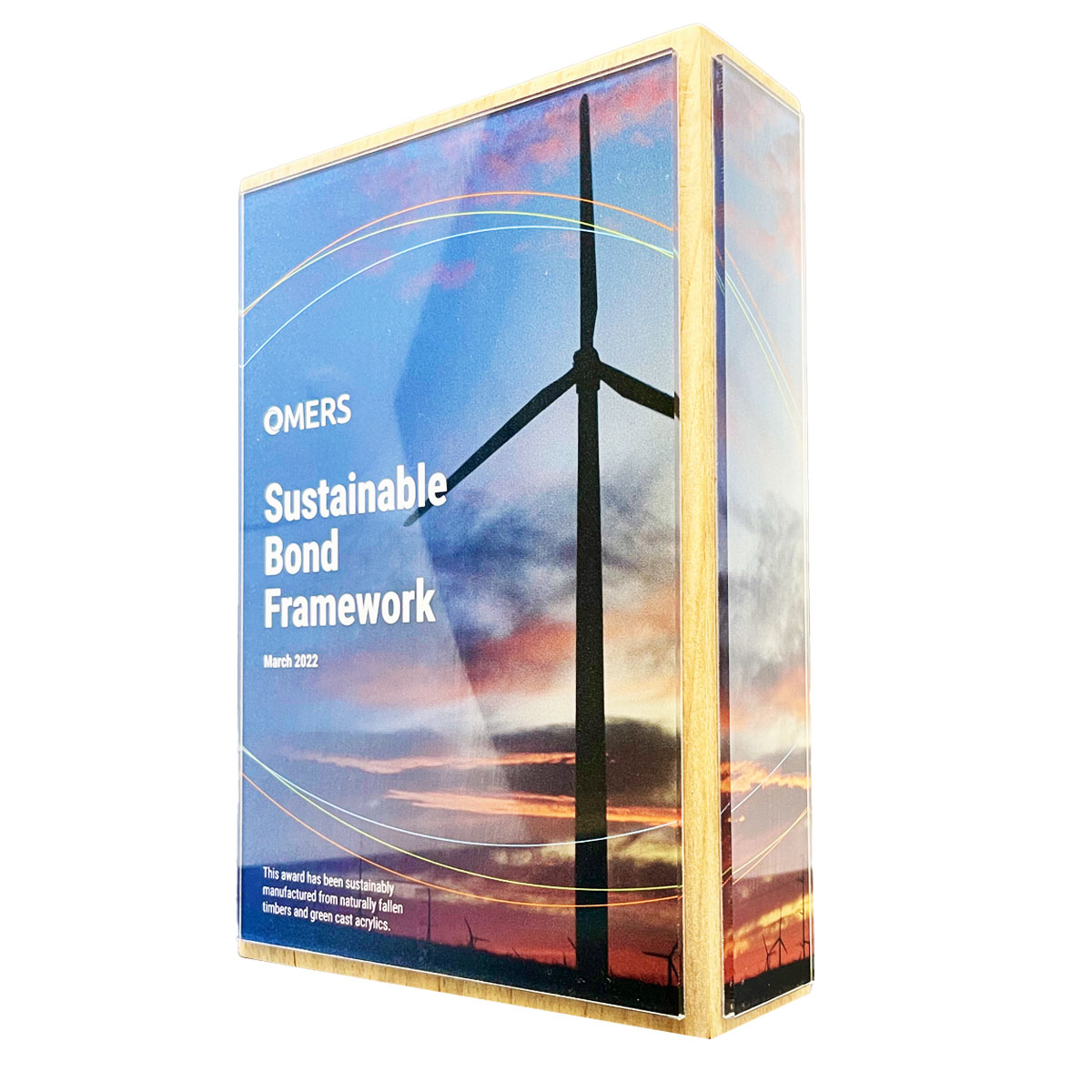 Eco-conscious wooden block award with engraved design, produced by More Awards for business, education, and healthcare recognition