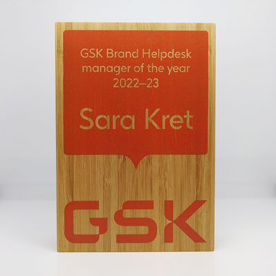 Sustainably made award combining smooth recycled acrylic and renewable bamboo.