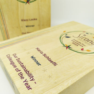 Healthcare award with engraved timber and direct colour printed graphics