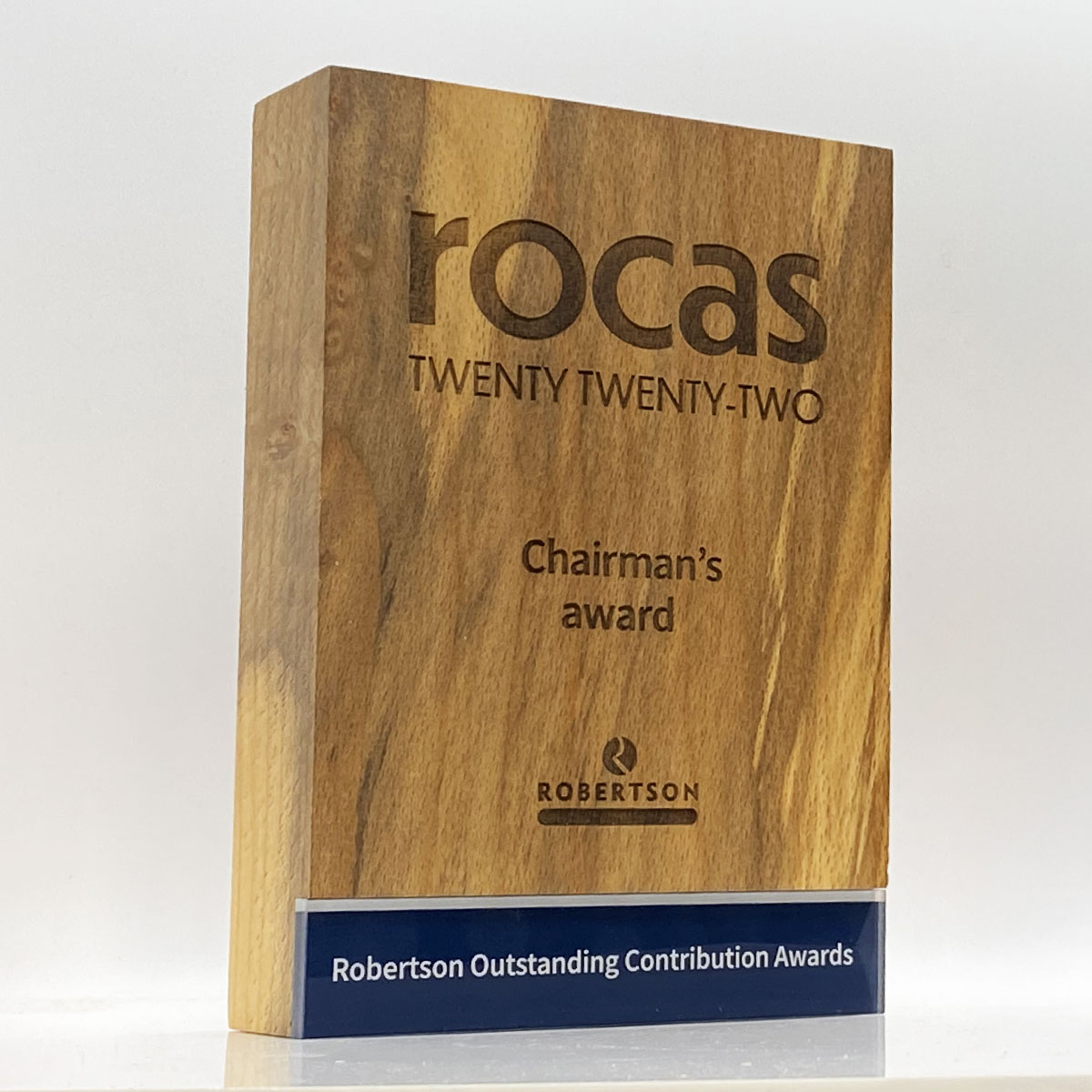 Wooden block trophy with laser-engraved detail, created by More Awards for sustainable and stylish recognition events