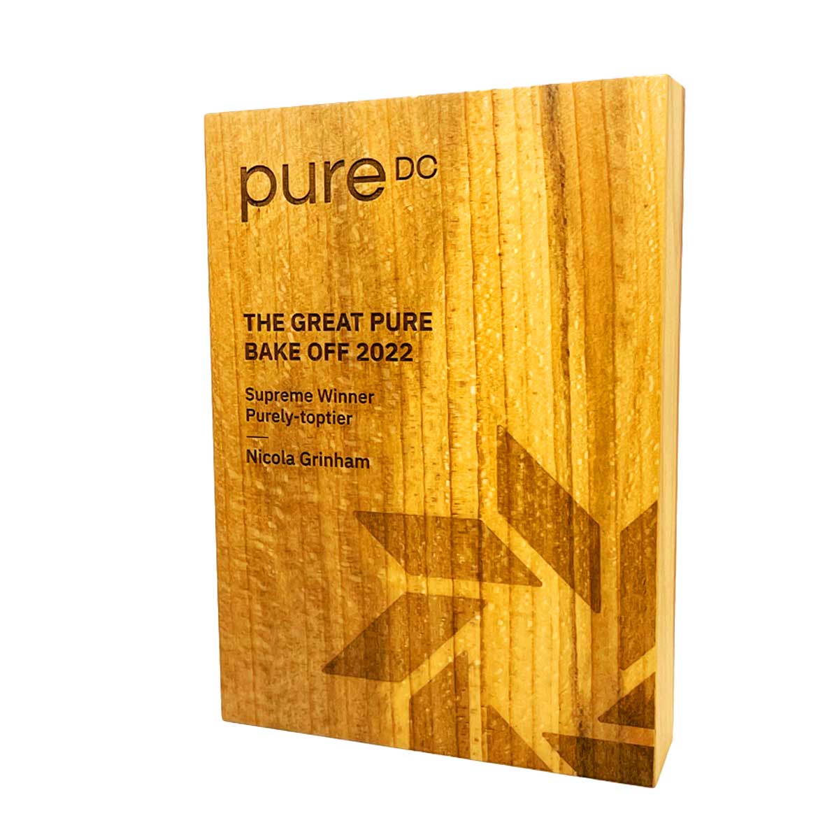 Laser-engraved wooden block trophy handcrafted by More Awards for professional awards in corporate, school, and healthcare settings
