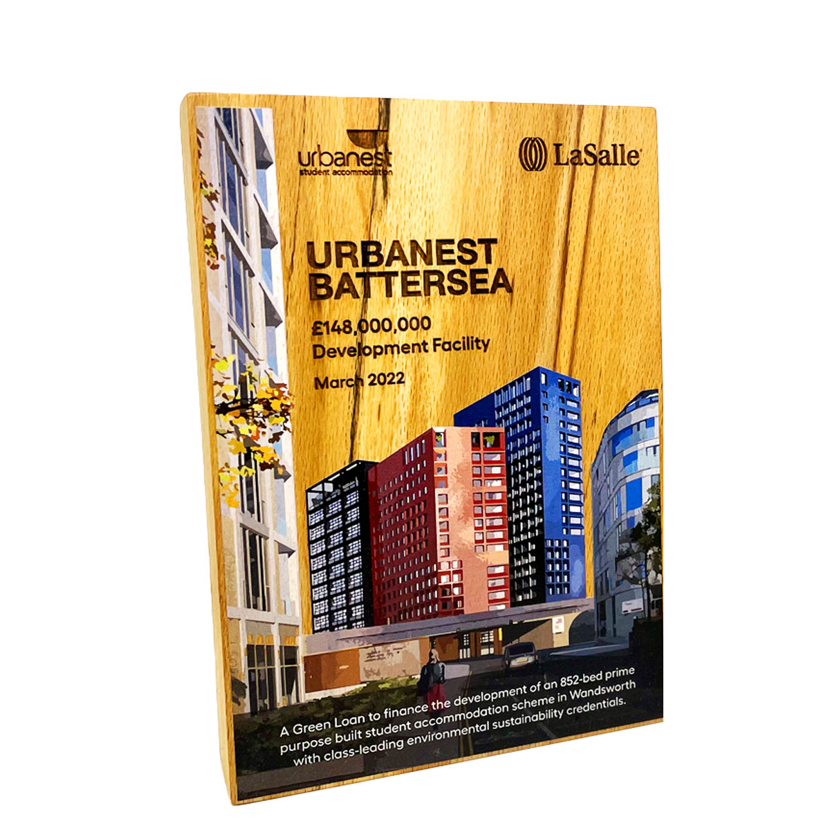 Direct-print wooden award designed by More Awards for corporate branding and internal team celebrations