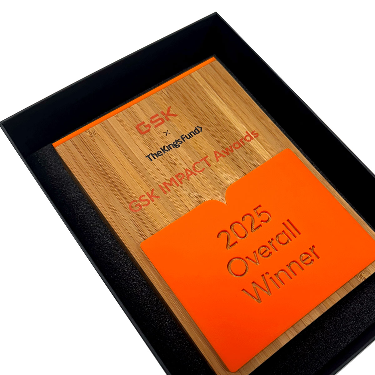 Wooden corporate recognition award with presentation packaging, designed by More Awards for internal awards and special events