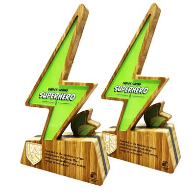 Sustainable superhero awards with lightning bolt shape and green acrylic with quick delivery
