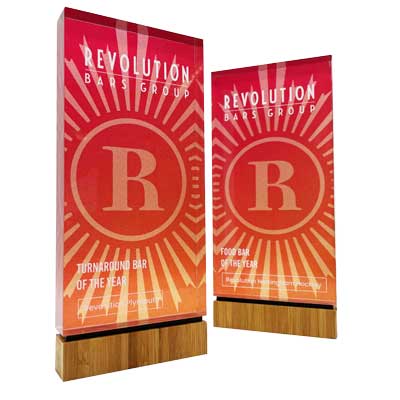 Bright red Jago award with pattern and bamboo base by More Awards