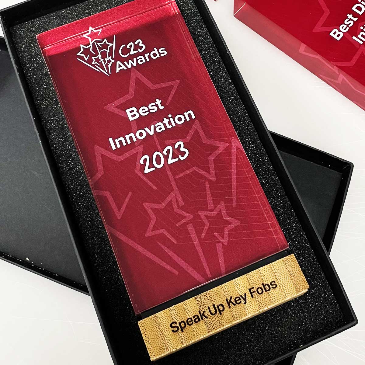Acrylic corporate trophy with bamboo detail, produced by More Awards for construction industry awards, safety recognition, and project completion honours