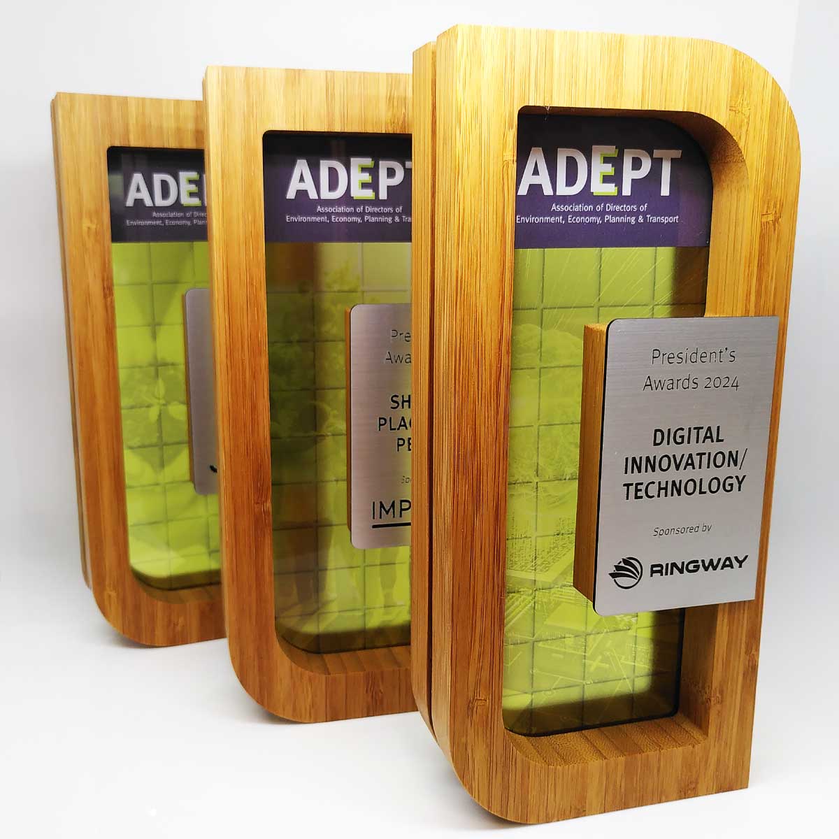Eco bamboo frame trophy with printed metal detail, created by More Awards for healthcare excellence, patient care recognition, and hospital staff awardsAward design blending natural textures – matte recycled glass meets polished bamboo | by More Awards