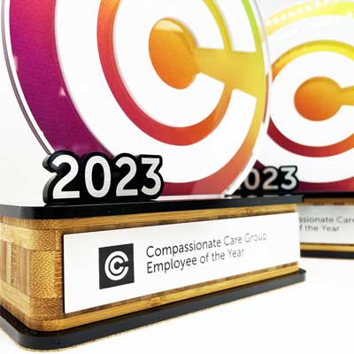 Circular acrylic trophy with bamboo base accent