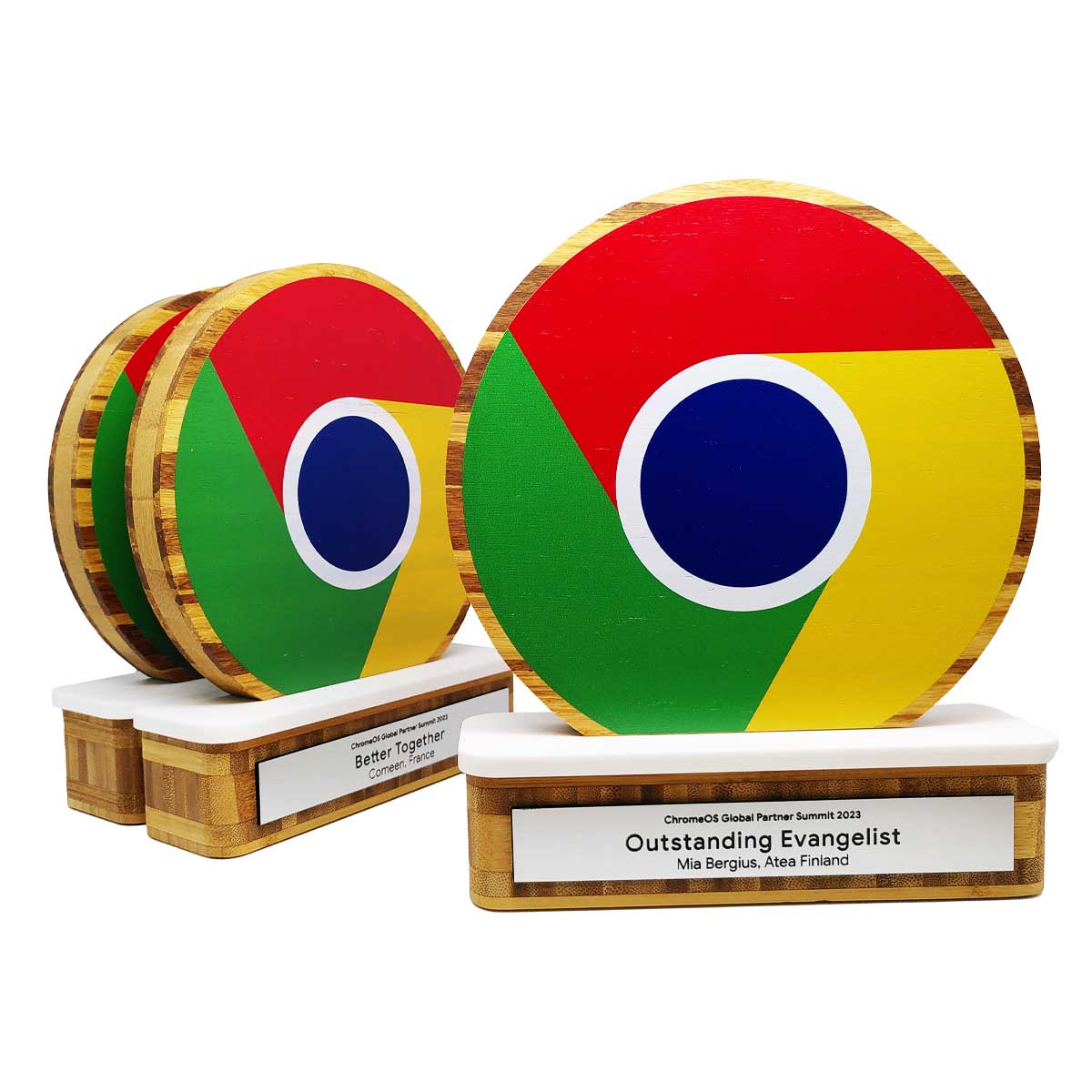 Round acrylic Jowan award with printed detail and bamboo base, produced by More Awards for hospitality and tourism excellence awards