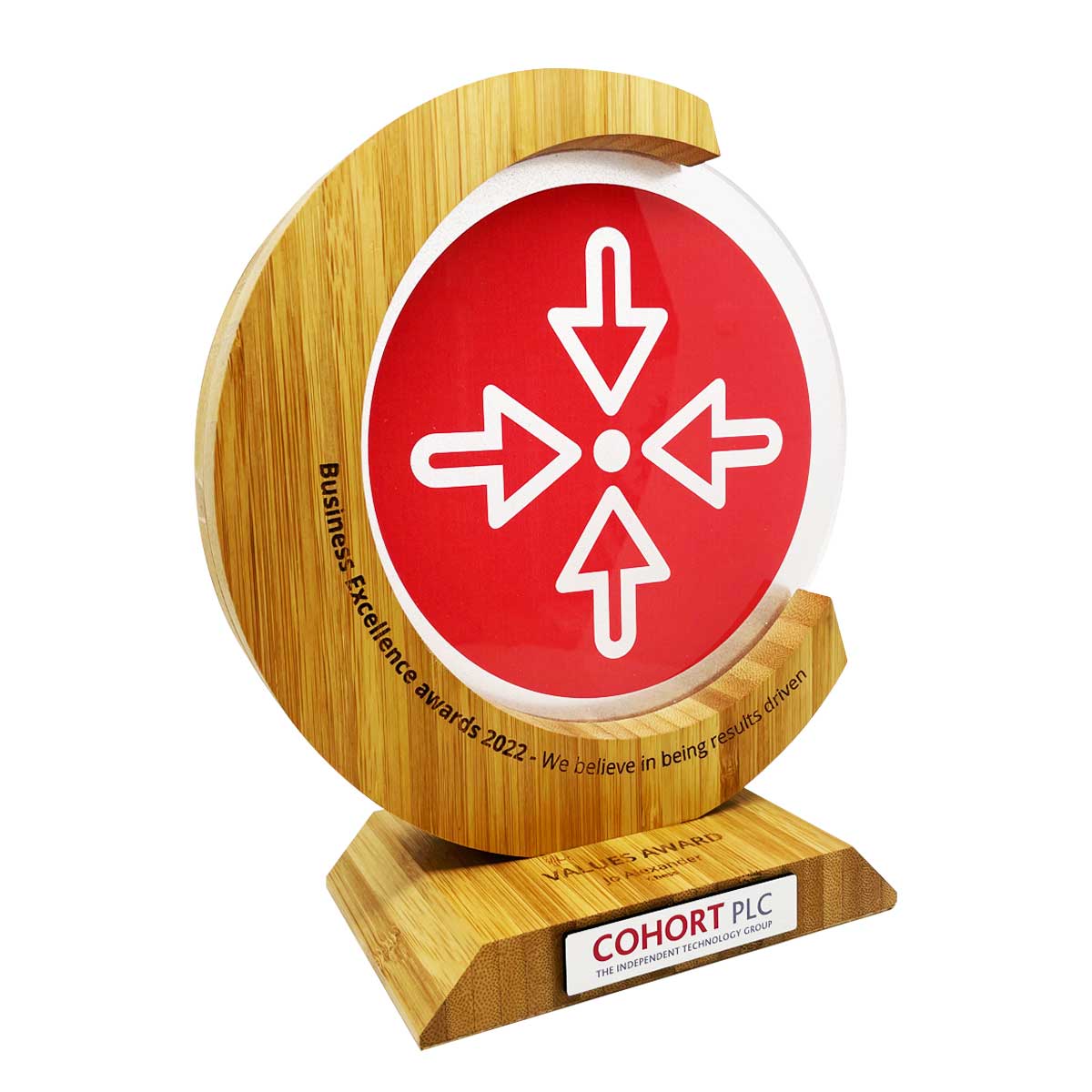 Circular bamboo award with full-colour printed acrylic disc, designed by More Awards for corporate branding, community events, and sports club honours