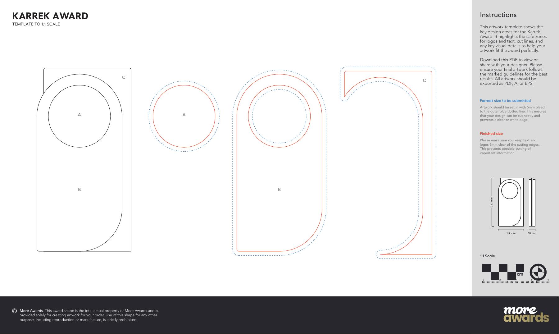 Karrek award artwork template with finished dimensions and print areas