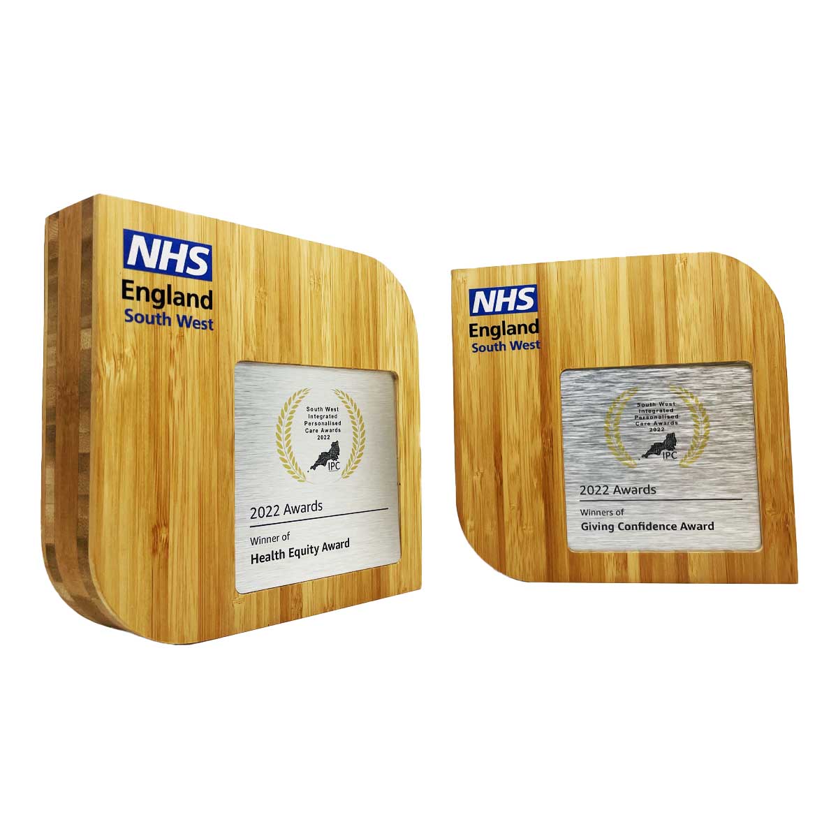 Corporate square trophy with engraved metal plaque, created by More Awards for NHS England, Sunbelt Rentals, Amazon, and other business achievements