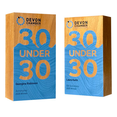 Sustainable wooden block awards for Devon Chamber of Commerce with quality custom printed face.