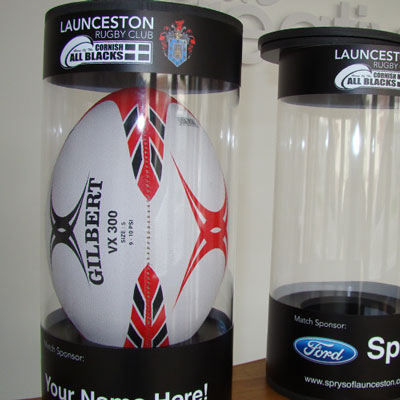 Custom match ball presentation tube with sponsorship details shown on sides