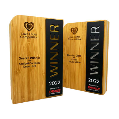 Winner awards with love cider branding on face of eco friendly material