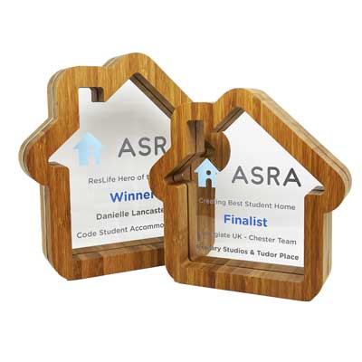 House shape award with logo of business printed within frame by More Awards