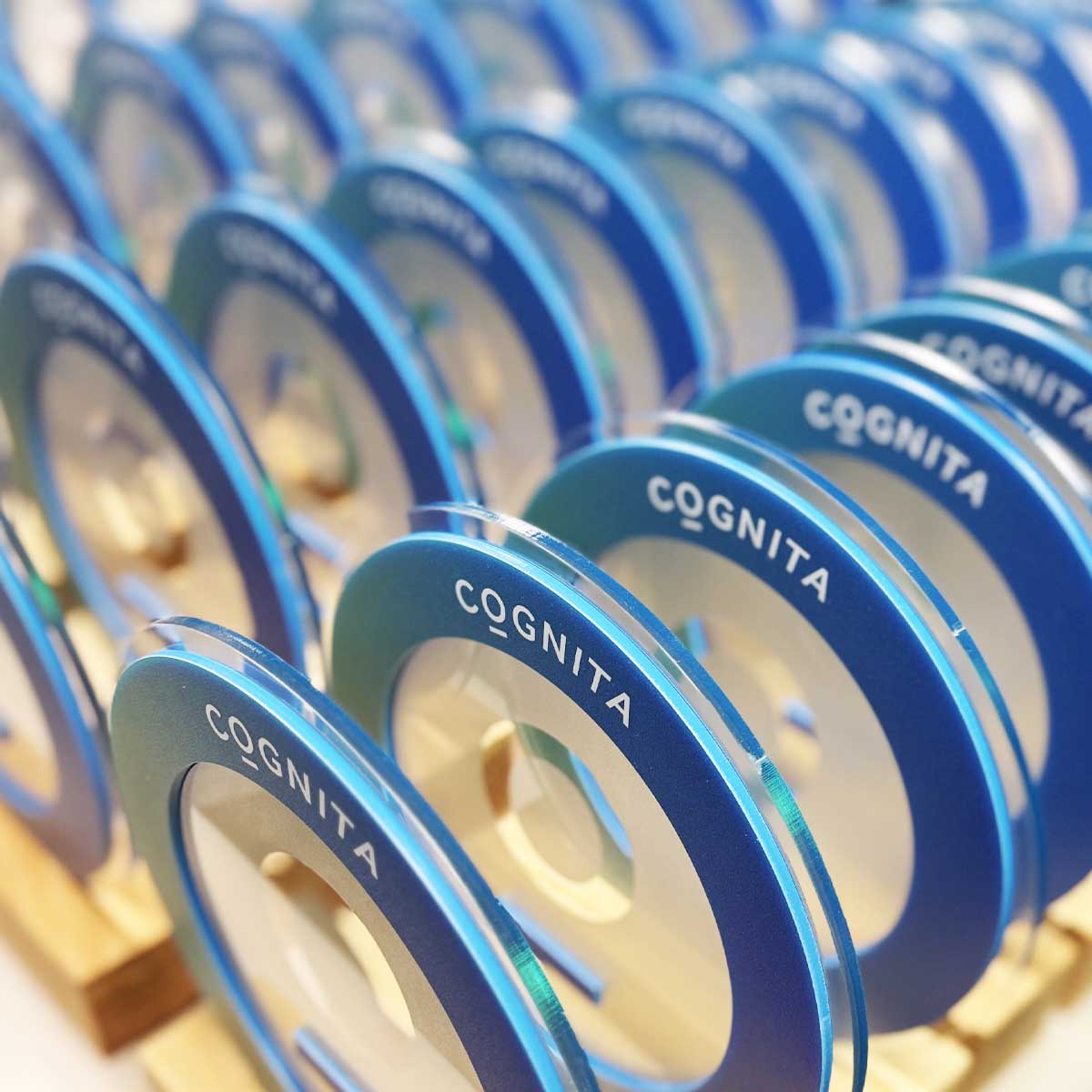 Blue round disc awards with branding direct printed to face in full colour